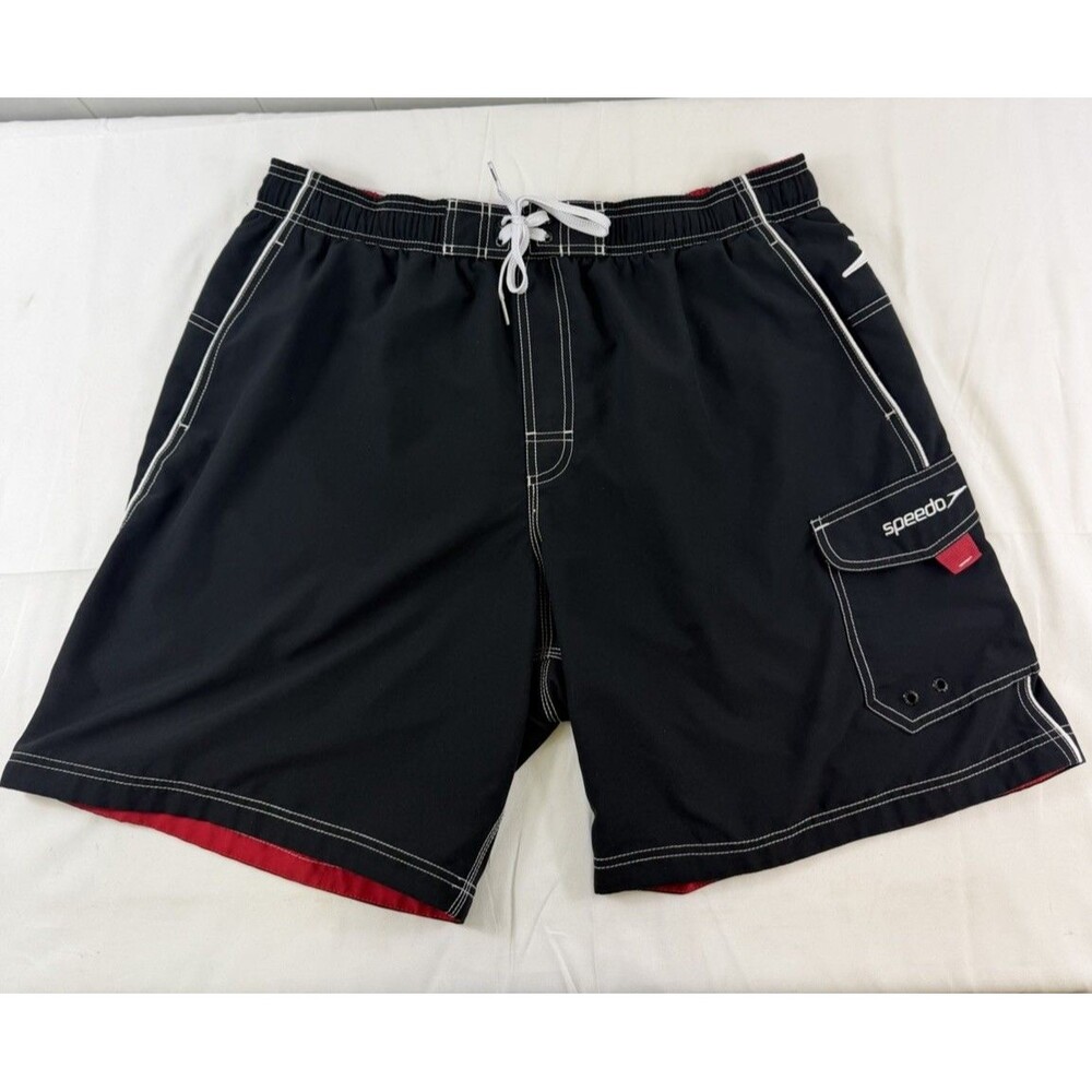 Speedo Swim Shorts Mens XL 36” Black Drawstring Trunks Lined Pockets-523